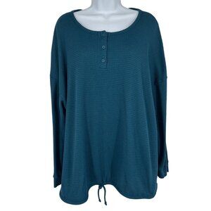 Lane Bryant Teal Waffle-Knit Henley Top With Adjustable Drawstring Hem Sz 22/24